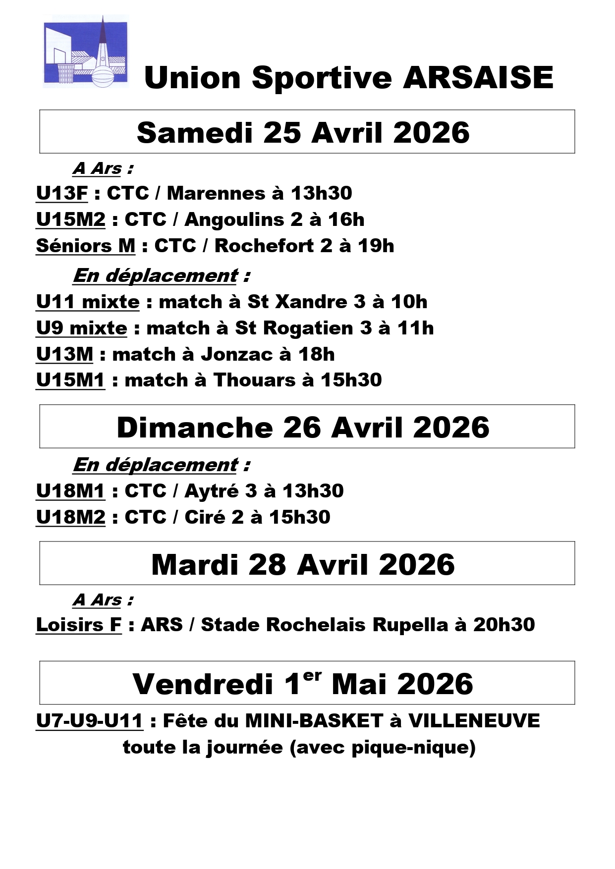 Matchs de basket - Union Sportive Arsaise