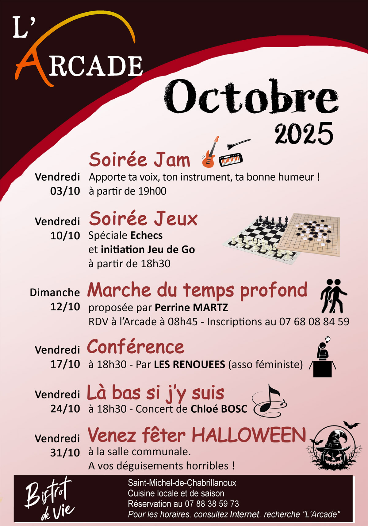 Affiche des animations au bar-restaurant L'Arcade en octobre 2025