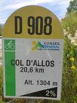 Road marker on the Col d'Allos road, D908, altitude 1304, 20.6km before the pass