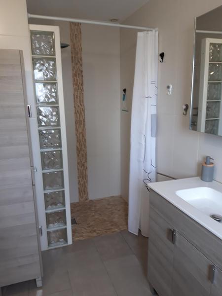 Salle d'eau avec évier, douche avec rideau.