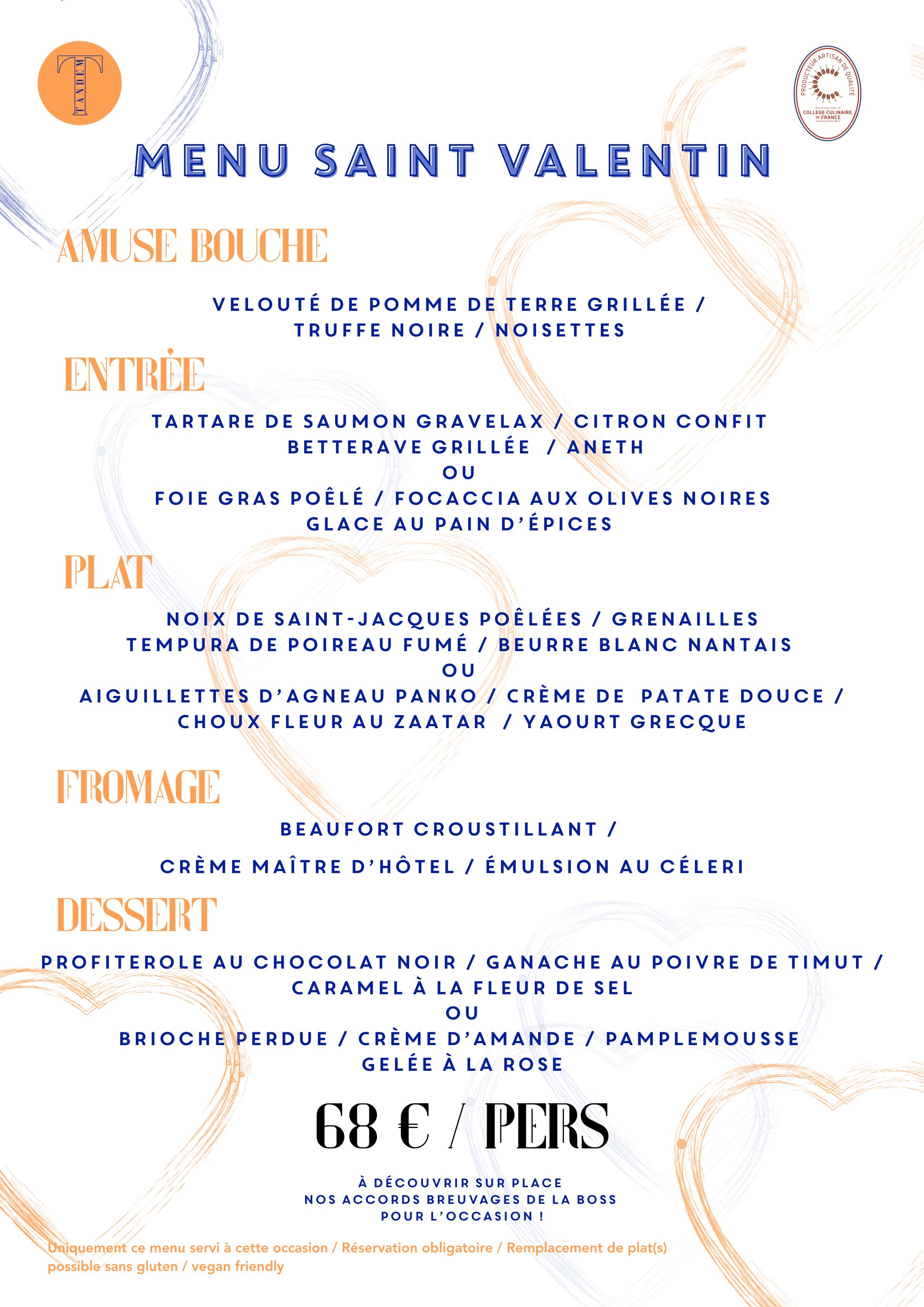 Menu de Saint Valentin chez Tandem