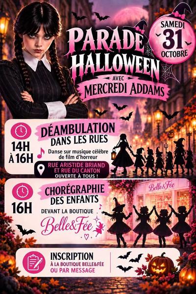 Parade Halloween avec Mercredi Addams