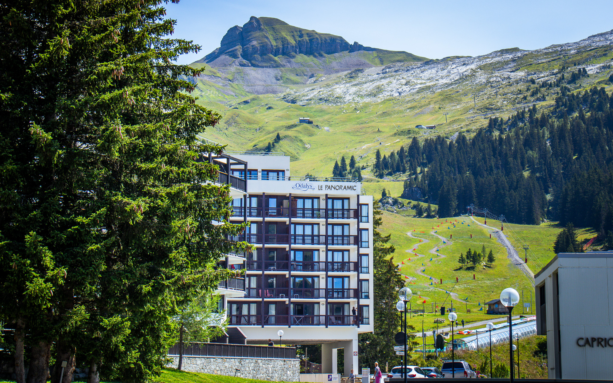 Uitzicht op de residentie vanaf Flaine Forêt in zomer