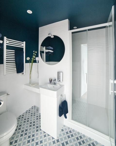 Une salle d'eau avec douche, évier, toilette, miroir.
