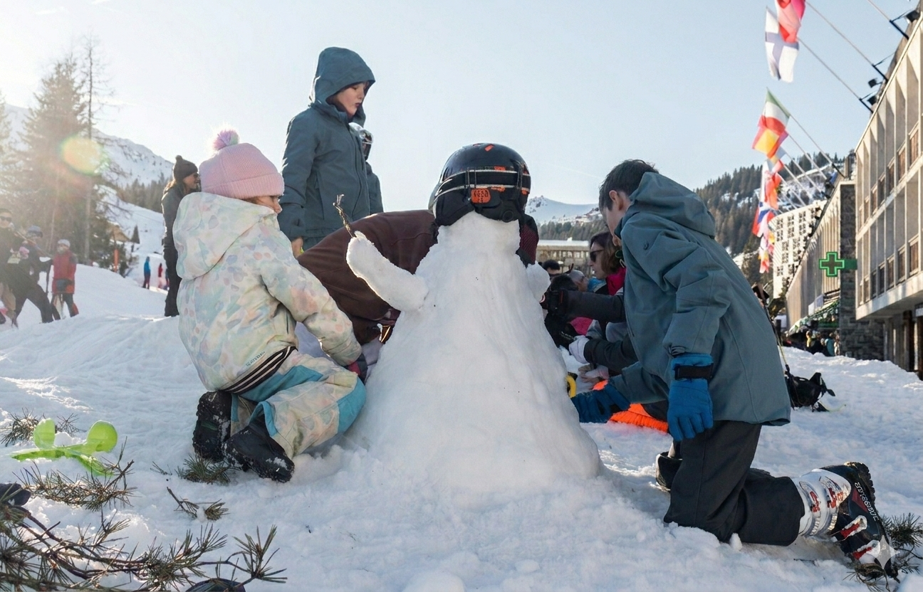 Des enfants s'unissent pour sculpter un grand bonhomme de neige à côté d'un bâtiment arborant des drapeaux. Ils lui ont déjà posé un casque de ski sur la tête.