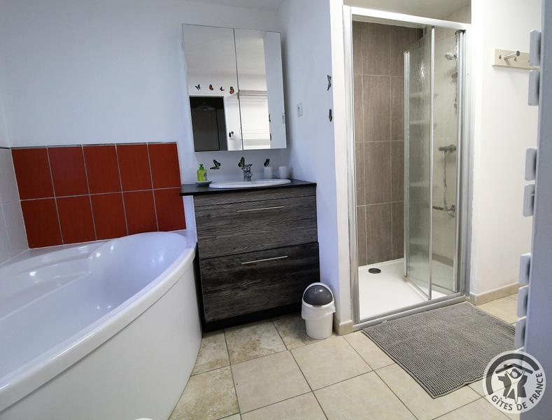 \'Gîte de Basse Comté\' (avec piscine chauffée) à Cublize (Rhône - Beaujolais Vert - Lac des Sapins) : salle de bains (douche, baignoire et lavabo).