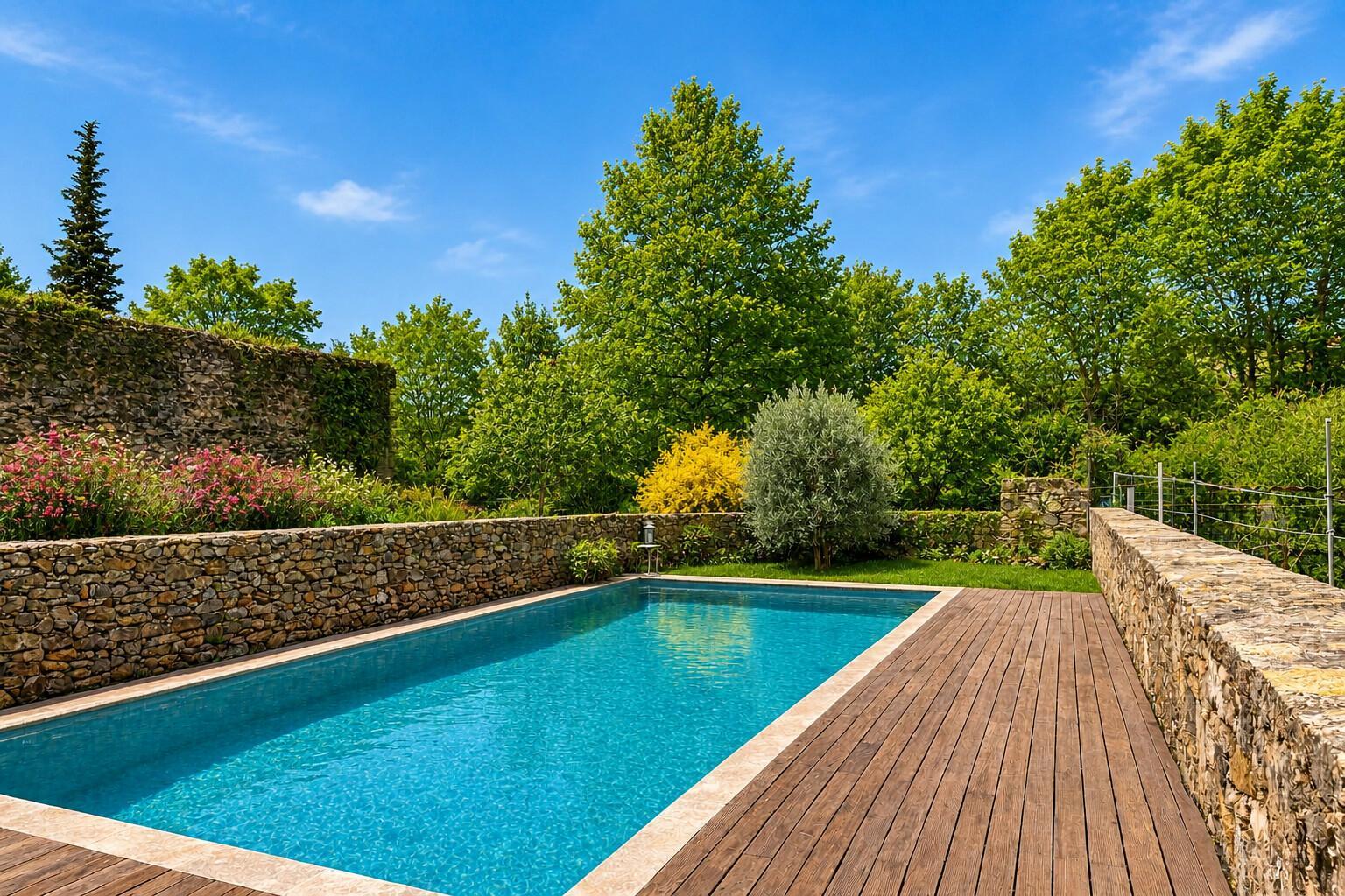 Piscine privative surélevée (3 marches), 8x3m, bâche à barres, clôture. Ouverte de juin à sept, selon météo