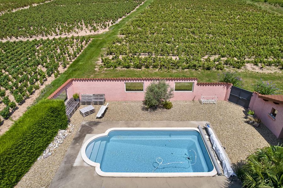 Accès à la piscine partagée avec vue sur les vignes