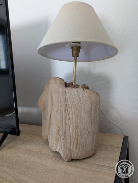 Gîte du Moulin à Thizy les Bourgs en Haut Beaujolais et à 10 km du Lac des Sapins : lampe en bois flotté réalisé par la propriétaire.
