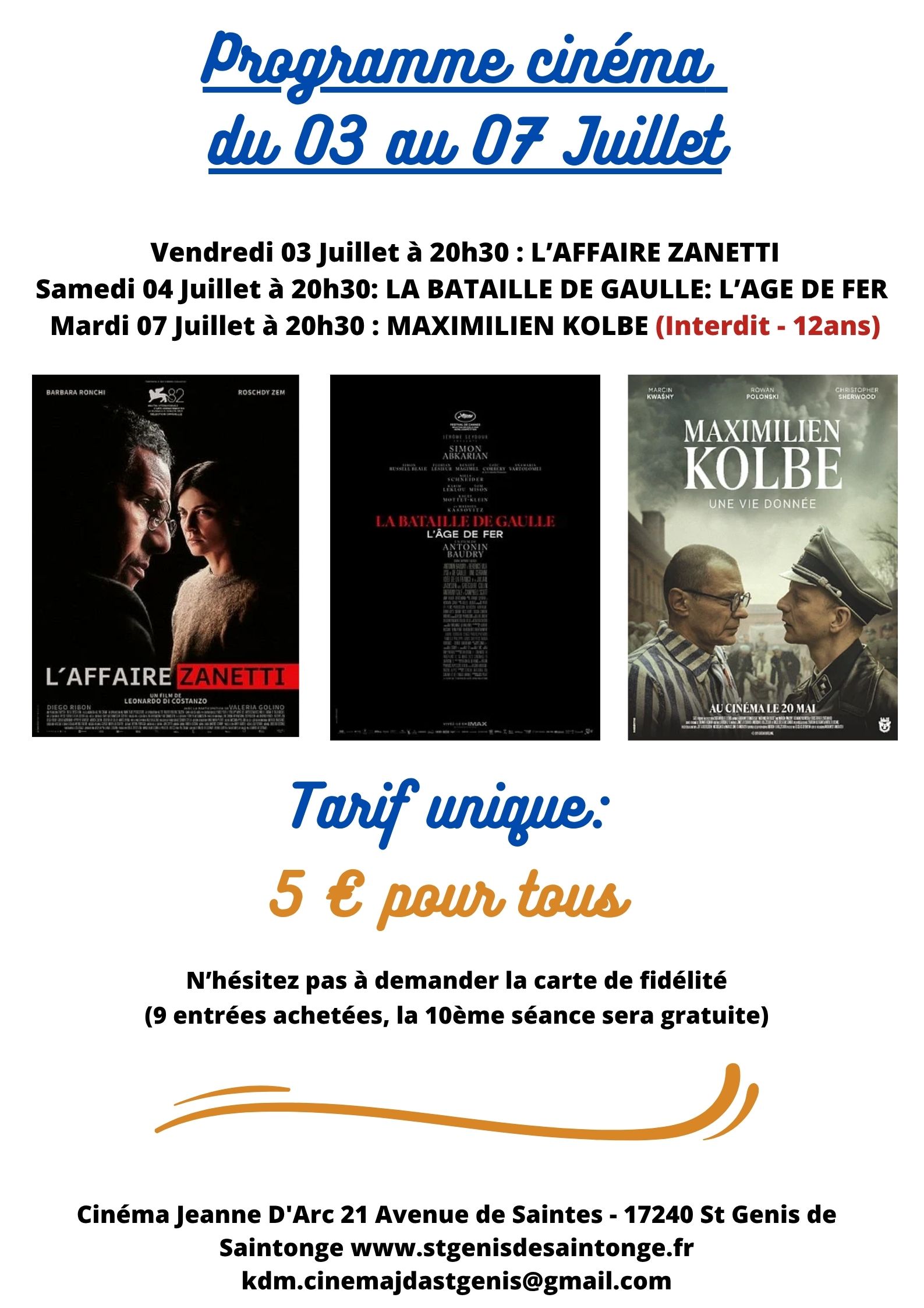 Programme Cinéma Saint Genis de Saintonge (03 au 07 Juillet)