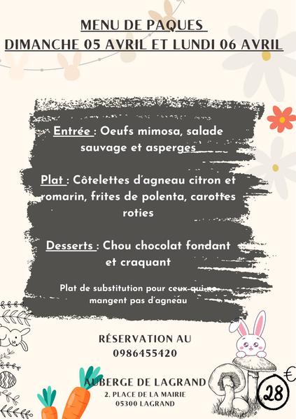 Menu de Pâques à l'Auberge de Lagrand