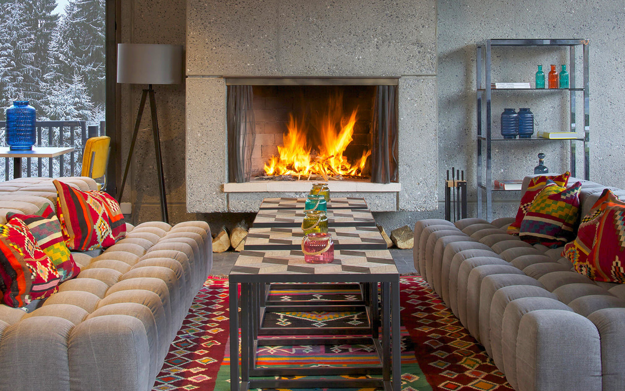 The Bauhaus-style fireplace at the Totem Friendly Hotel & Spa, located on the ground floor of the Friendly Kitchen restaurant