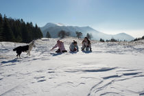 Enfants et chien jouant dans la neige