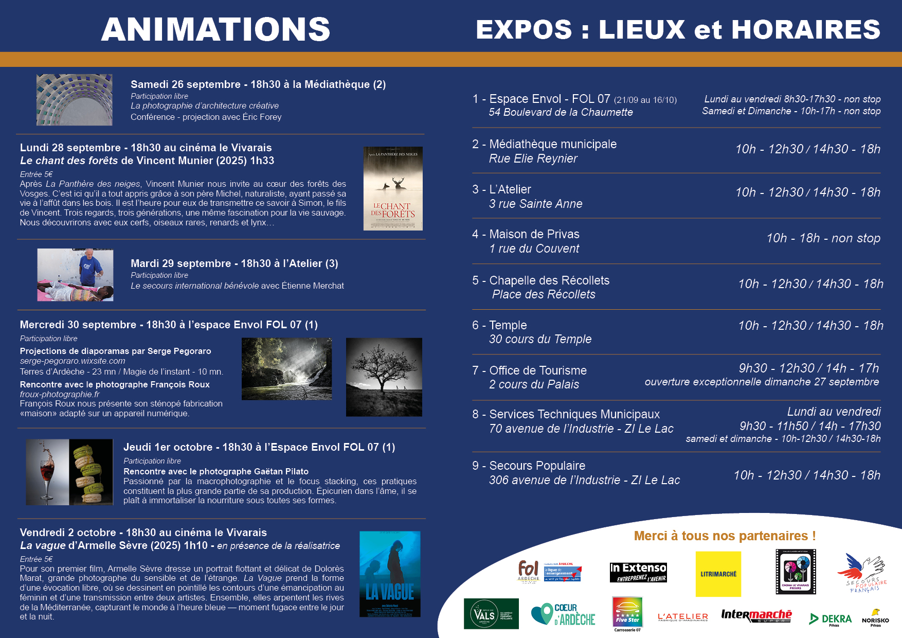 Les animations du festival + horaires des lieux d'exposition
