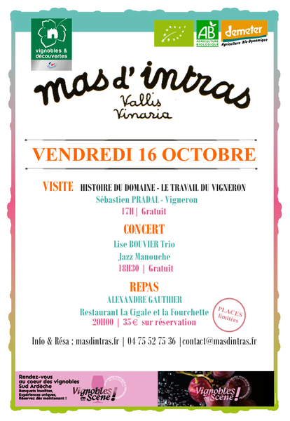 Vignobles en scène : Visite, concert de Lise Bouvier Trio et repas au Mas dIntras_Valvignères