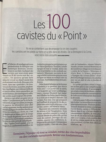 L'article "Les 100 cavistes année 2024" dans le magasine "Le Point".