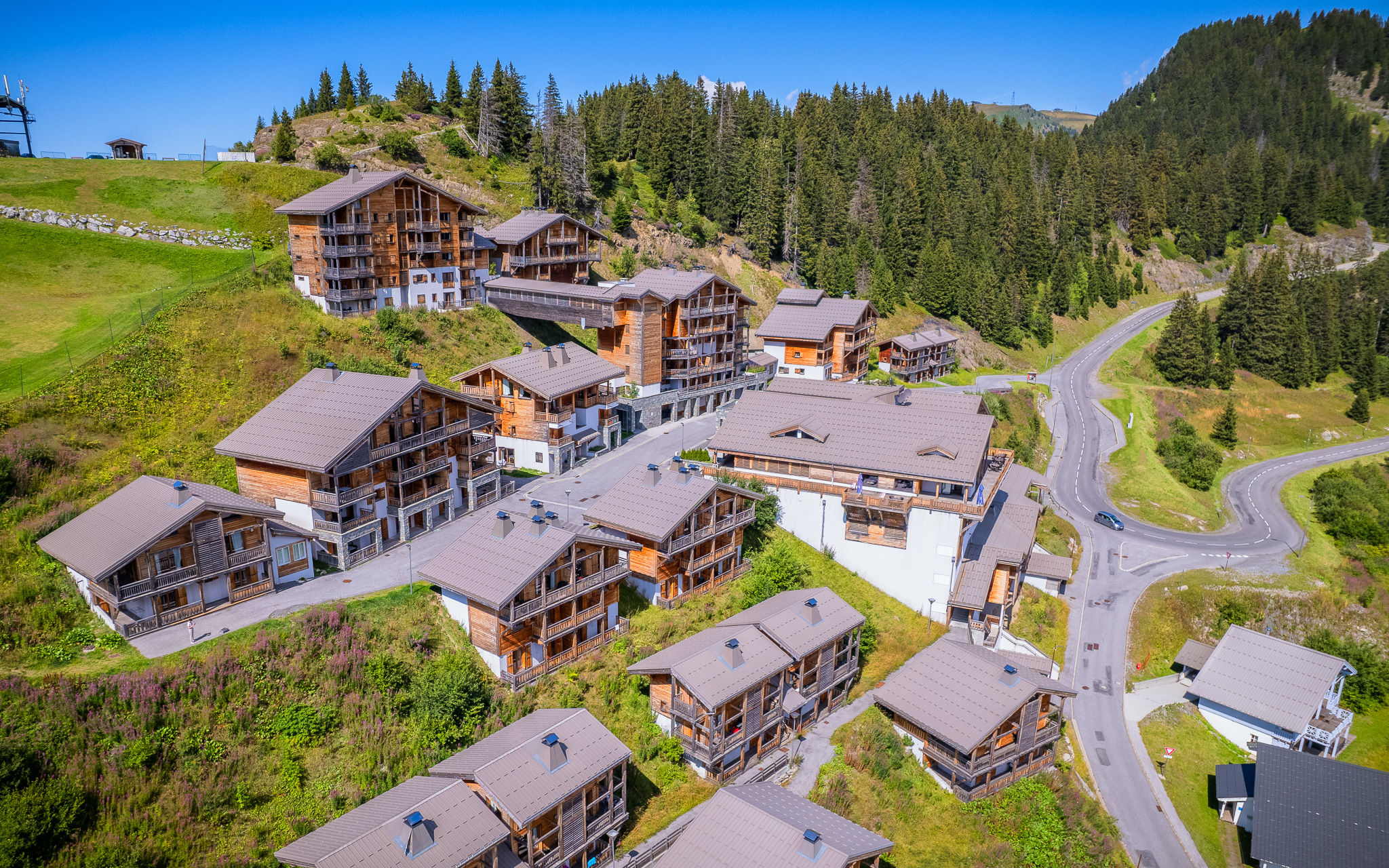 Vue aérienne des chalets de la résidence