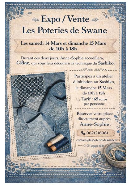 Affiche de l'Expo / Vente à l'atelier Swane, avec l'atelier Sashiko par Céline Lemaire 