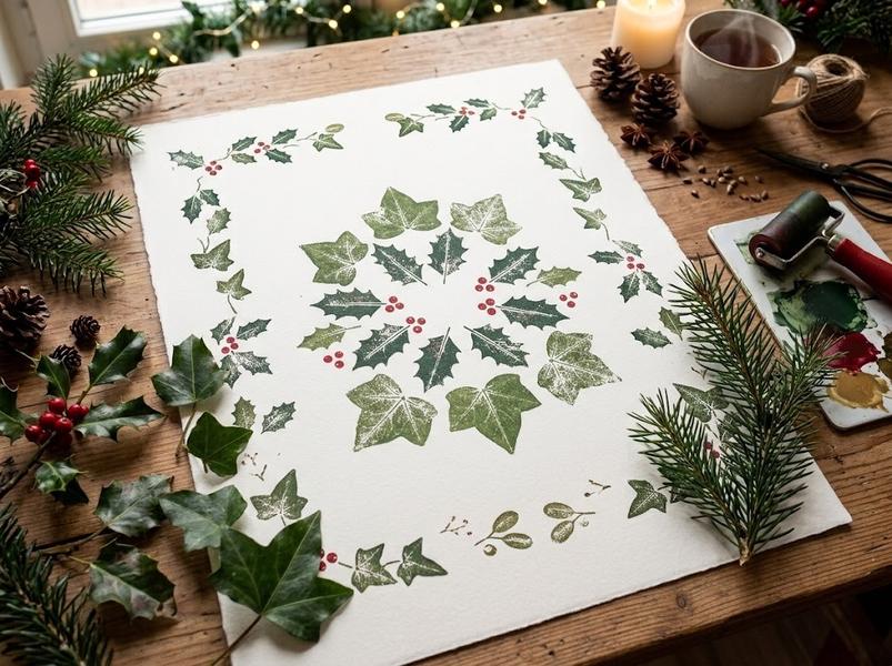 Photo d’une création d’empreintes végétales représentant des feuilles 