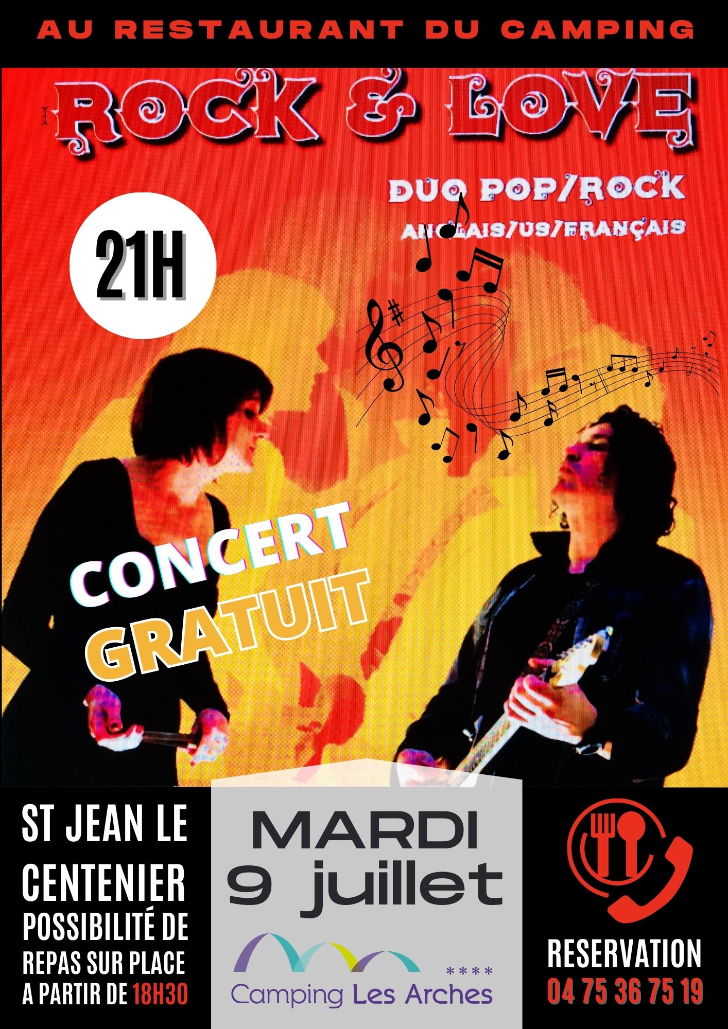 Soirée concert Duo Rock & Love au restaurant du camping Les Arches à St Jean le Centenier