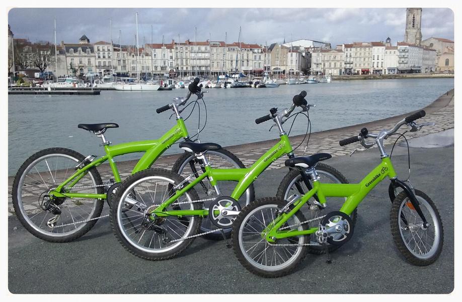 Trois vélos verts de tailles différentes devant le Vieux Port.