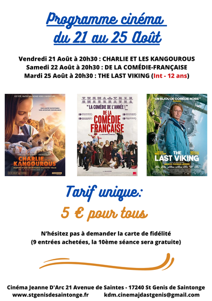Programme cinéma Saint Genis de Saintonge du 21 au 25 Août
