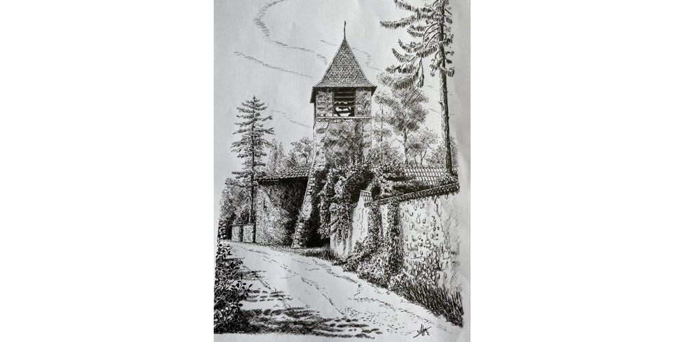 gravure-a-l-encre-de-chine-du-clocher-de-la-chapelle-de-fontagneux-realisee-par…