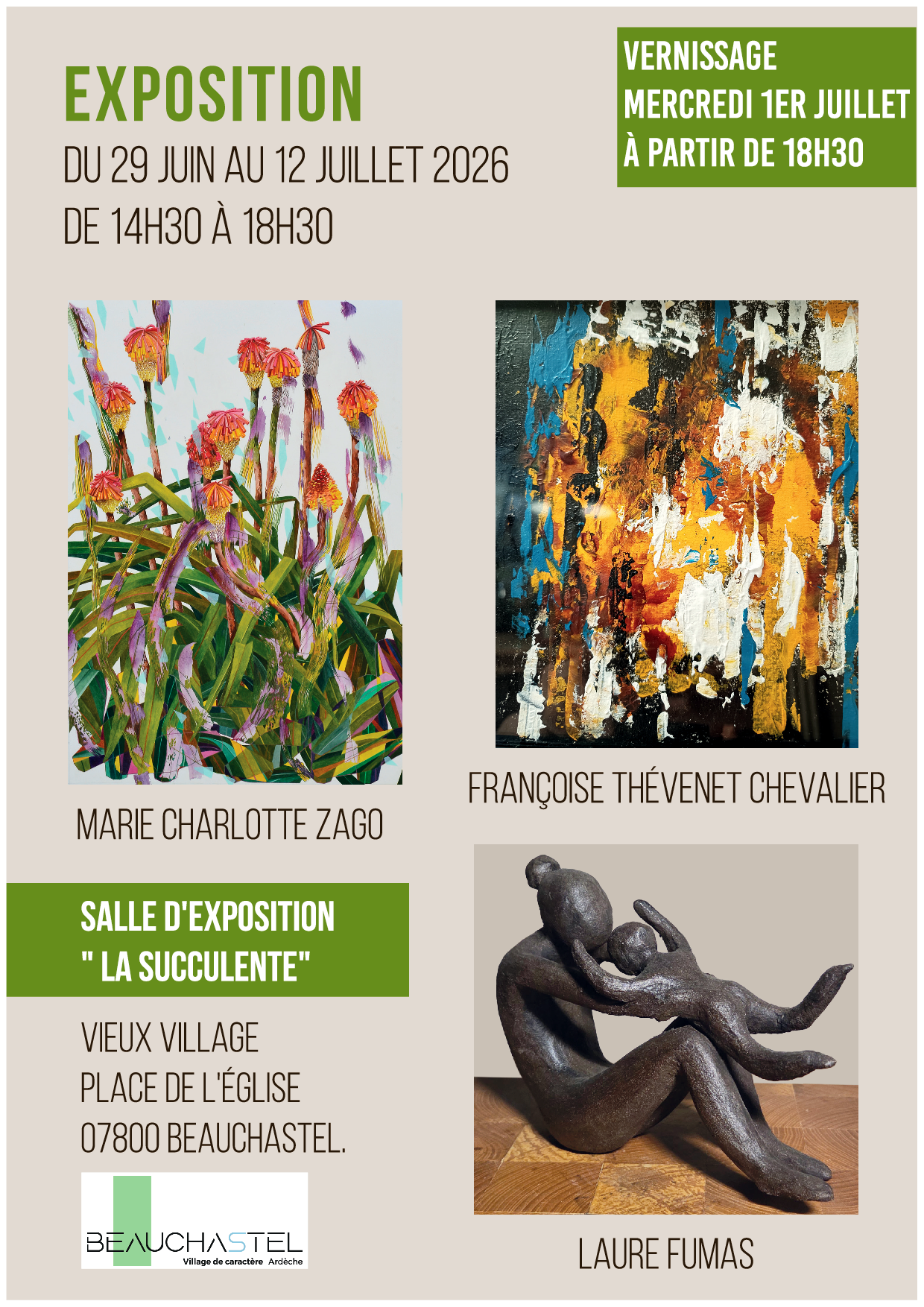 Vernissage de l'exposition d'œuvres de Marie-Charlotte Zago, Françoise Thévenet-Chevalier et Laure Fumas (peintures et sculptures)
