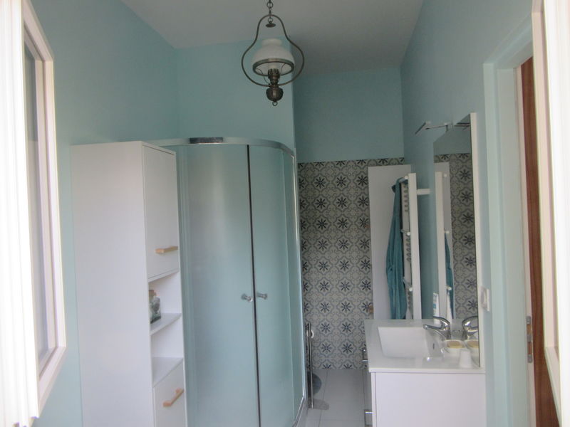 Salle d'eau avec cabine de douche douche et vasque.