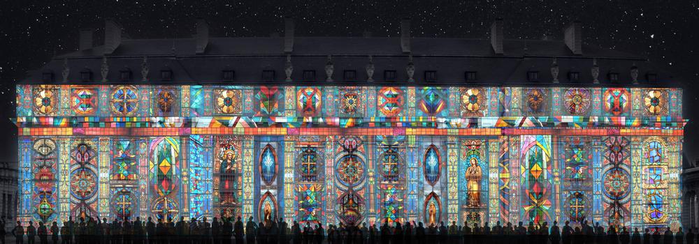 projection de vitraux pavillon du roi au château de Vincennes sur le 