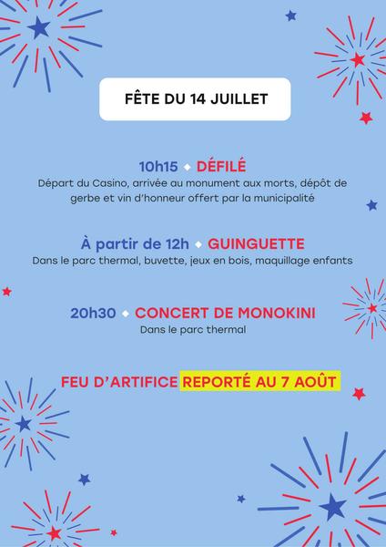 Fête Nationale - FEU D'ARTIFICE REPORTÉ AU 7 AOÛT -