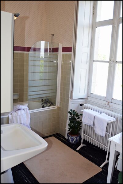 Salle de bain avec petite baignoire, lavabo et grande fenêtre