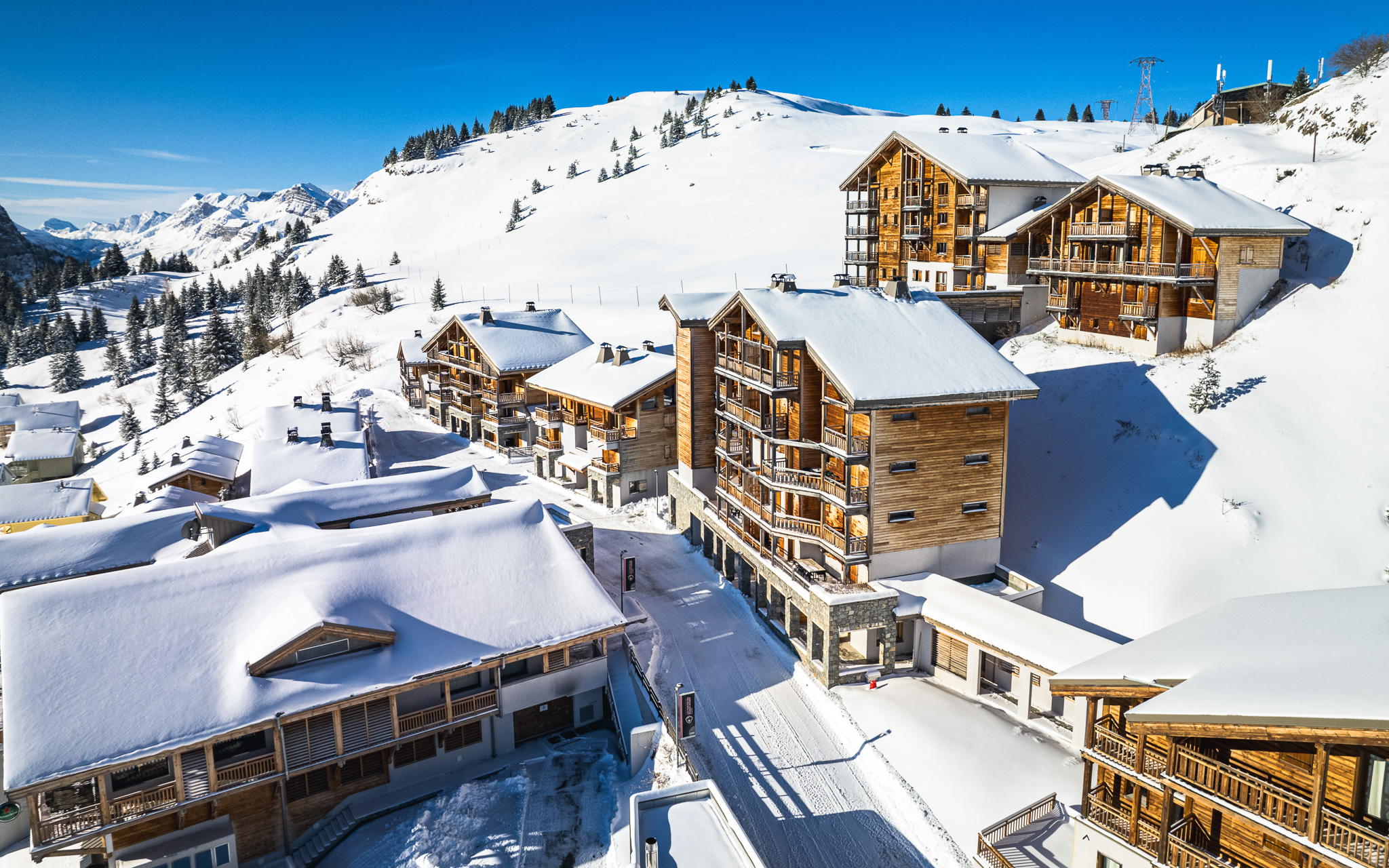 Aerial view of the various chalets in the residence