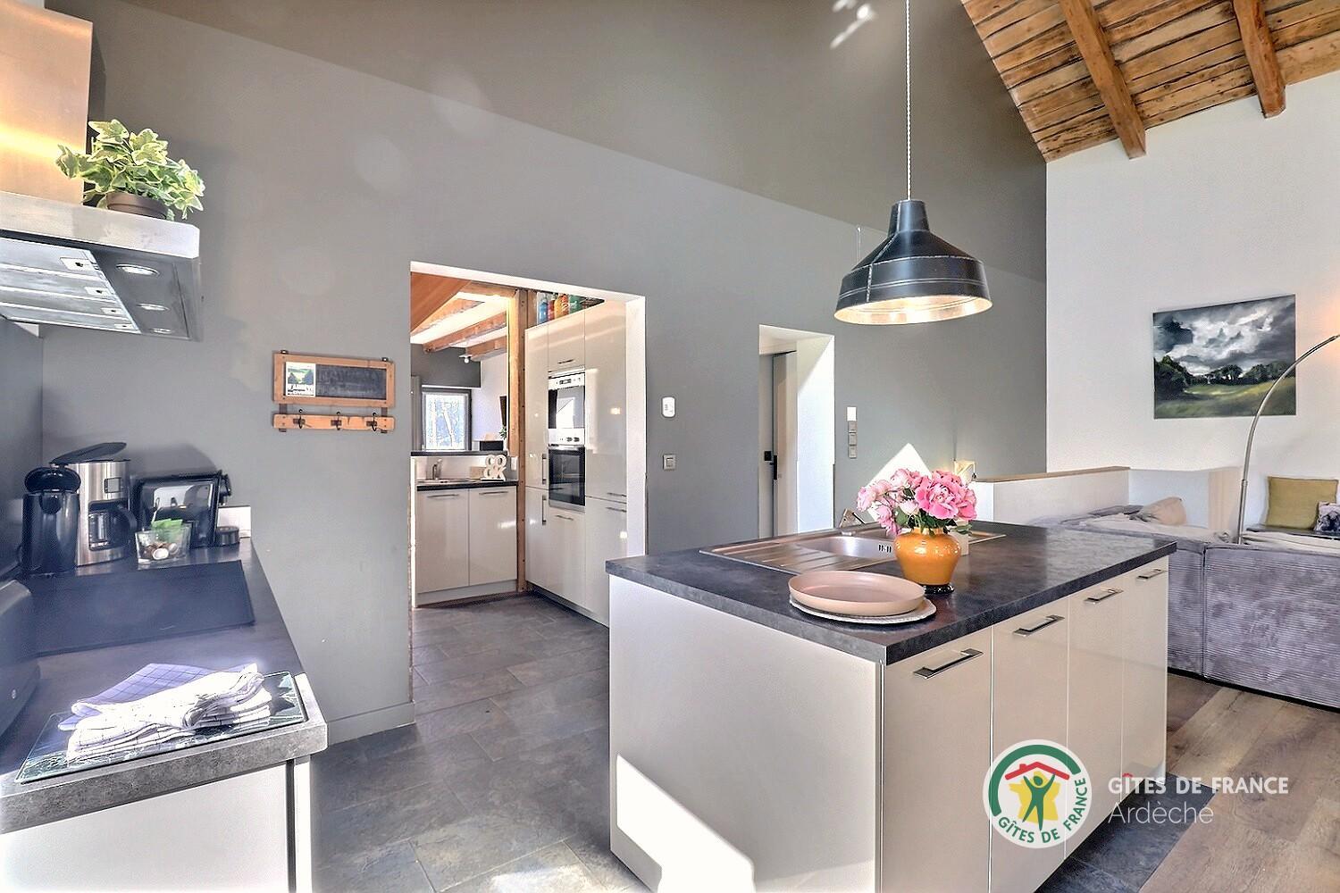 Cuisine équipée centrale dans la pièce de vie