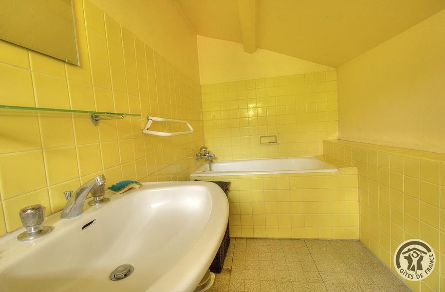 Gîte \'Les Micocouliers\' à Saint Loup, Vindry-sur-Turdine dans le Beaujolais - Rhône, proche de Tarare : la salle de bains dans la chambre au rez-de-chaussée.