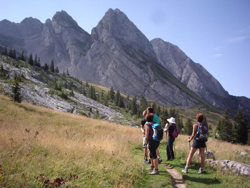 View of the mountains with hikers