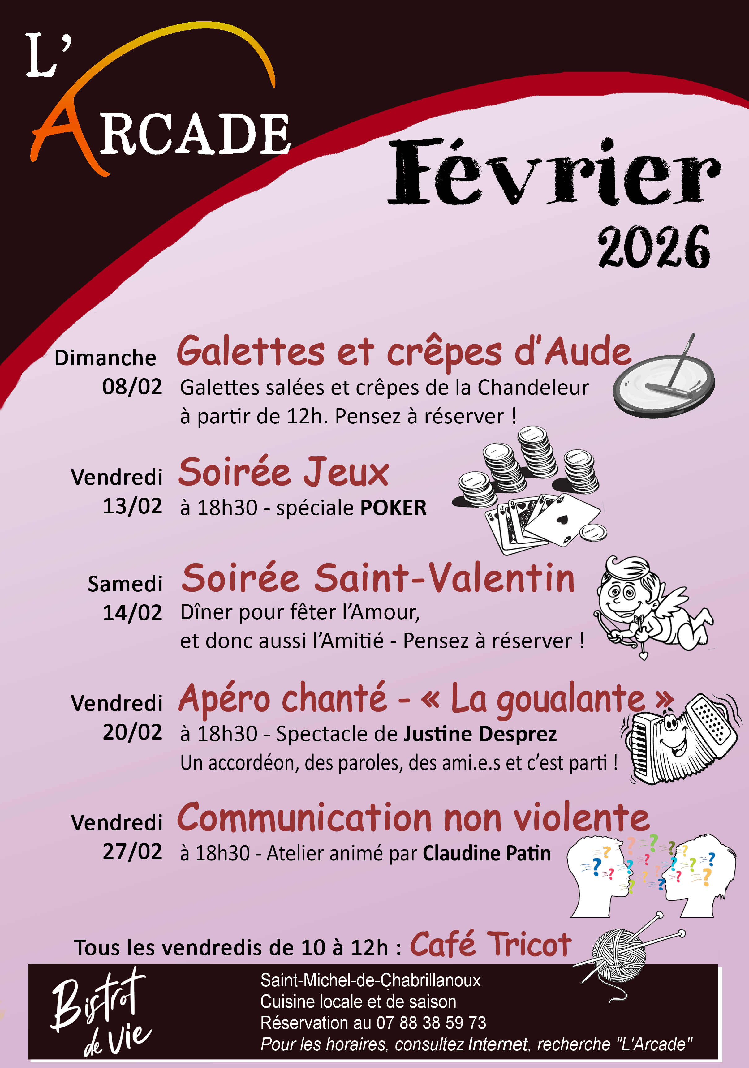Affiche des animations au bar-restaurant L'Arcade en février 2026