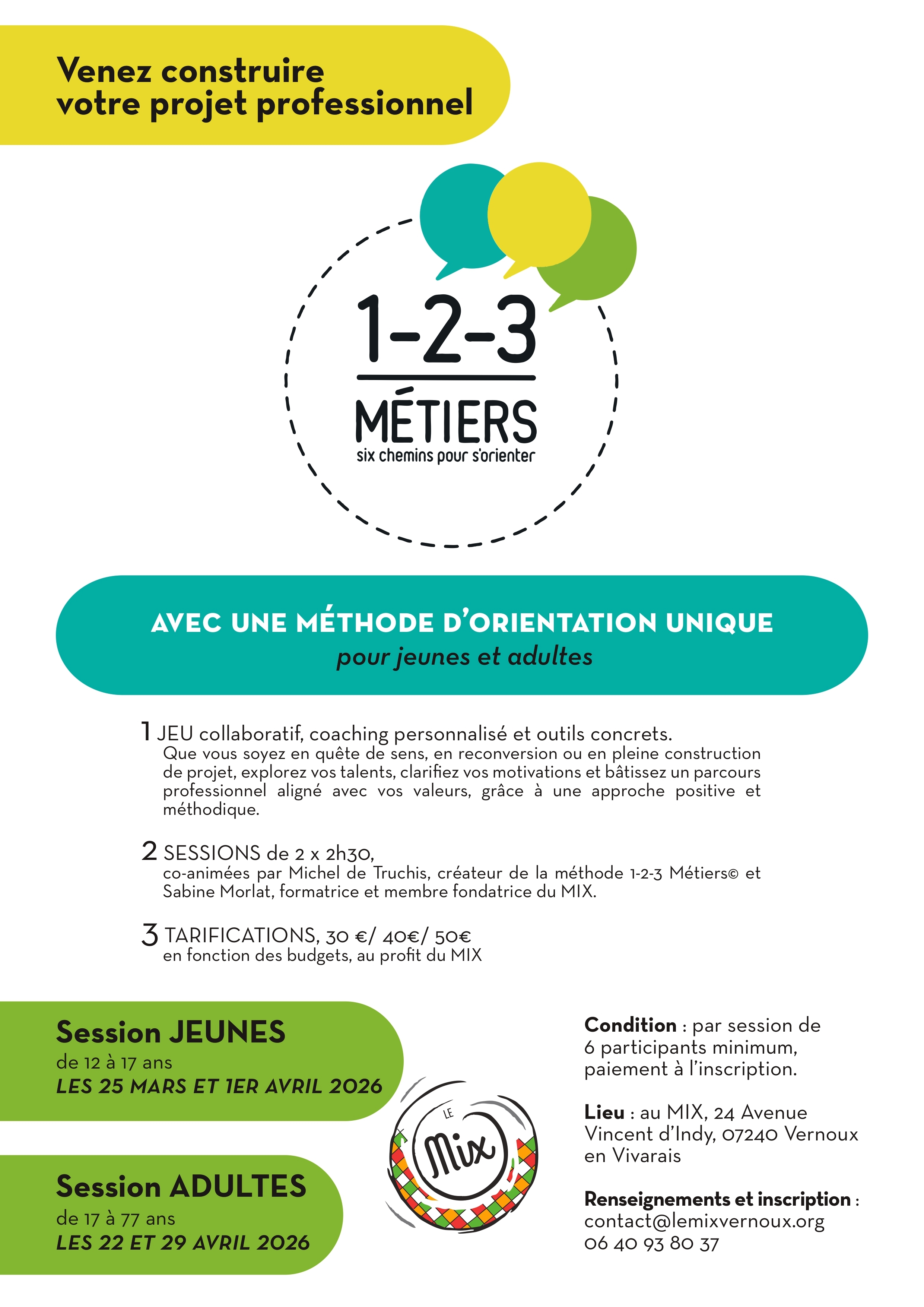 Session "1-2-3 Métiers© : une méthode pour construire son projet professionnel" | session pour les jeunes de 12 à 17 ans