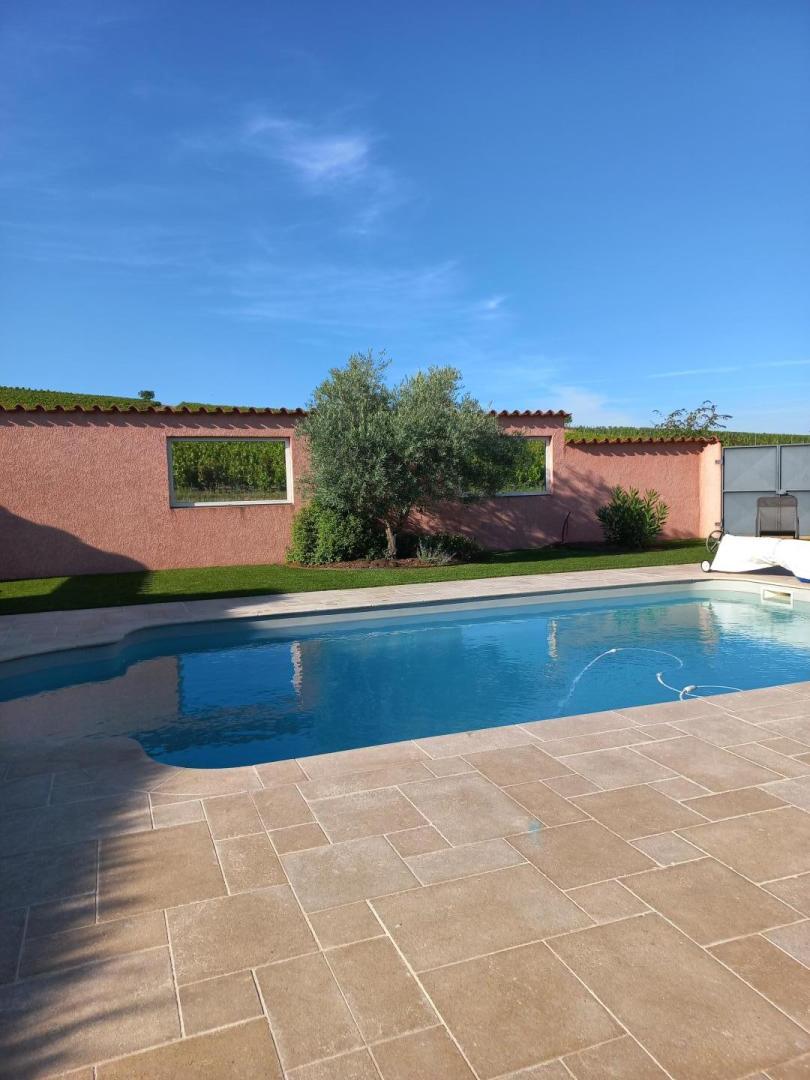 Gîte du Domaine Gilles Coperet, avec piscine, à Régnié-Durette, dans le Beaujolais - Rhône : la piscine partagée avec vue sur les vignes.