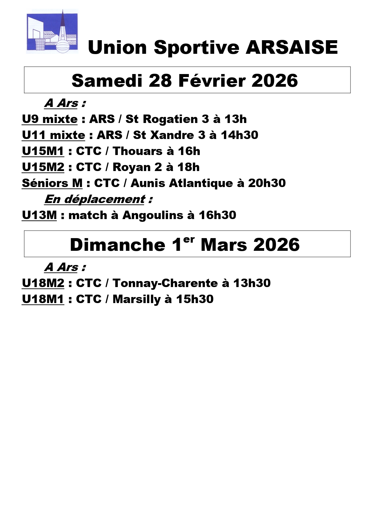 Matchs de basket - Union Sportive Arsaise