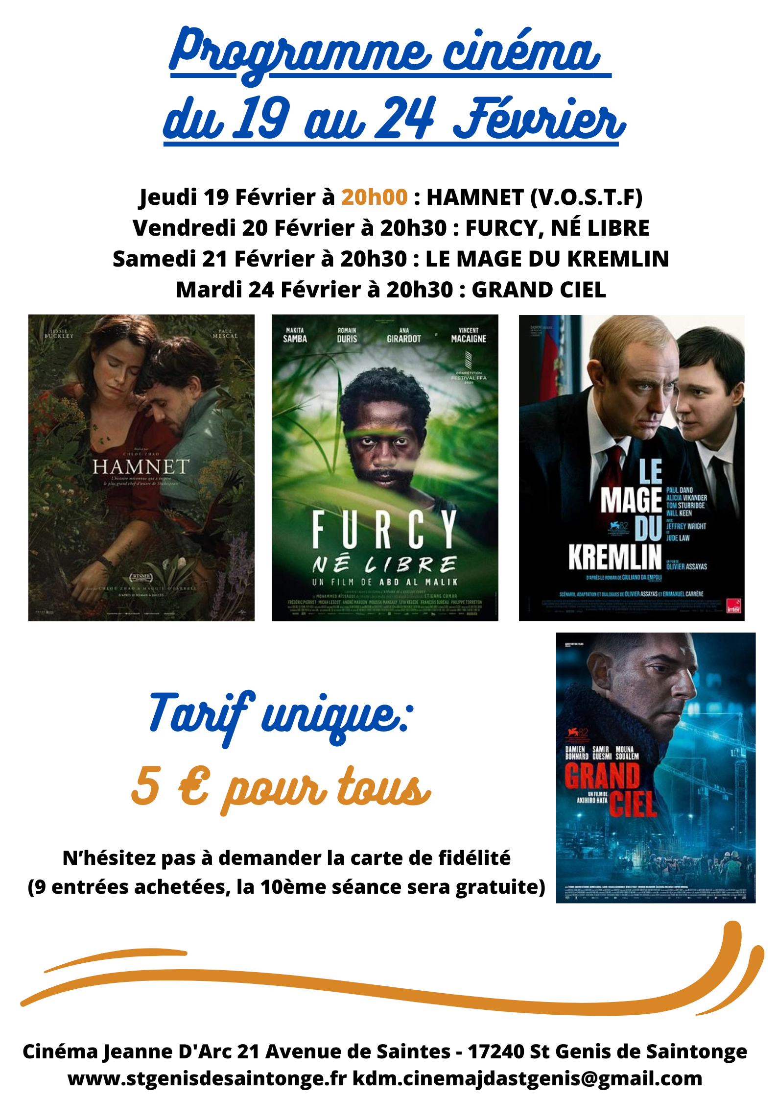 Programme Cinéma Saint Genis de Saintonge (19 au 24 Février)
