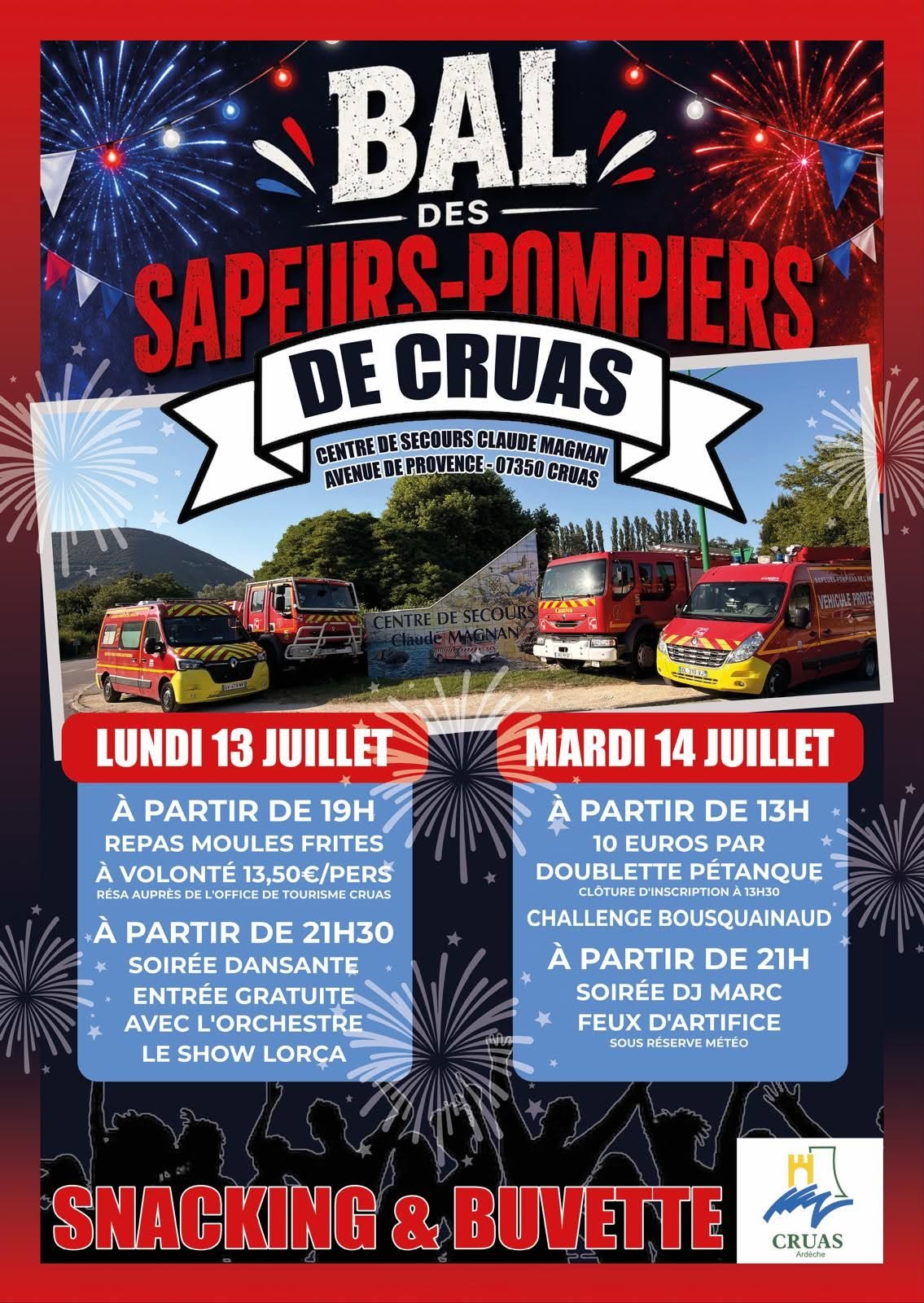 Bal des pompiers de Cruas du 13 et 14 Juillet 2026