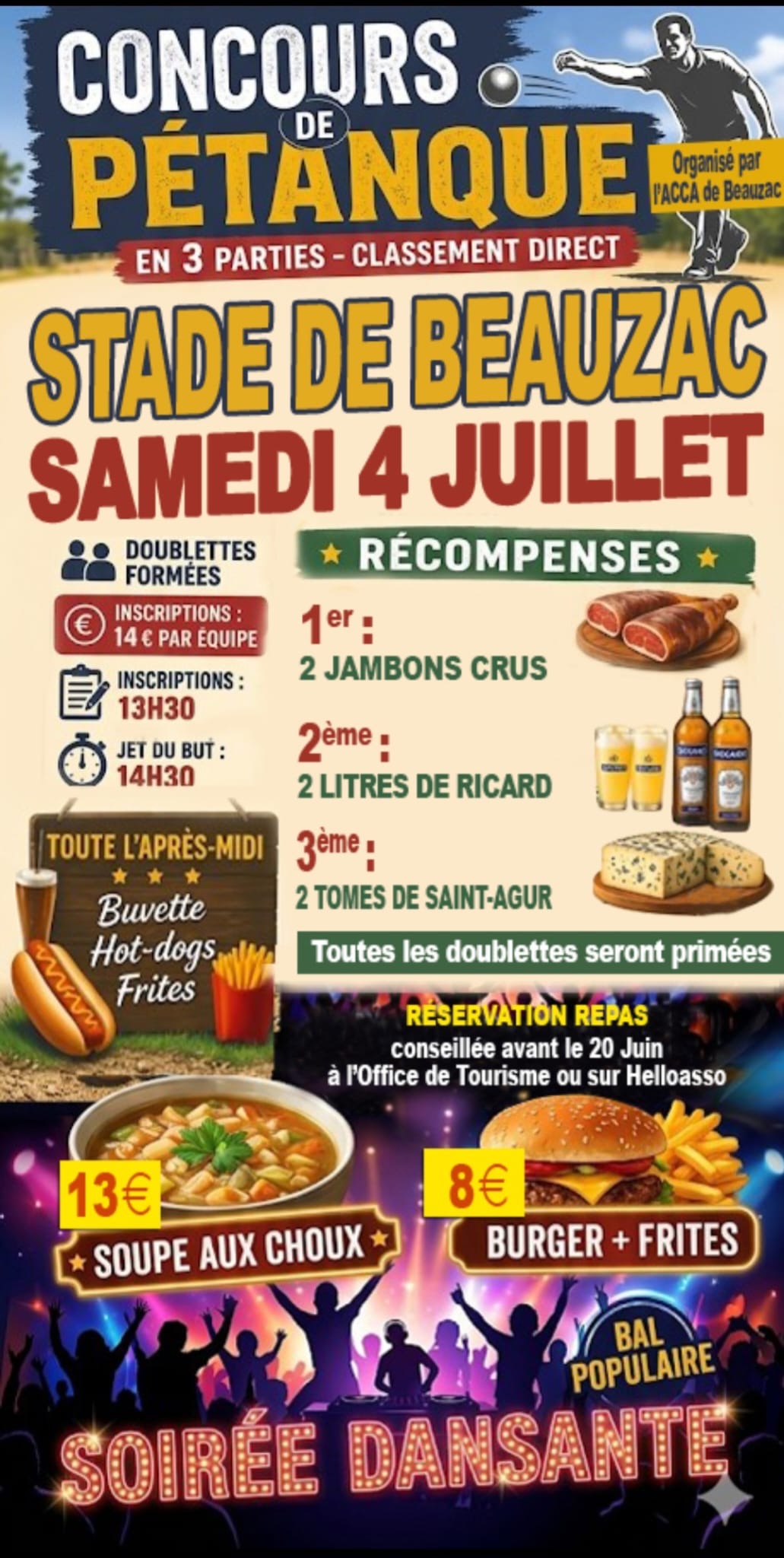 Concours de pétanque, soupe aux choux, burger frites