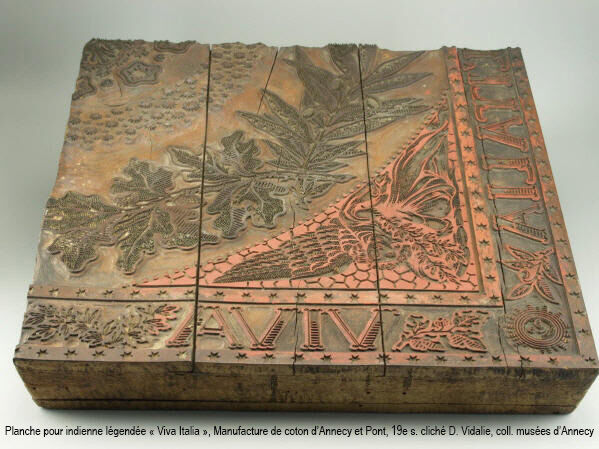 Planche pour indienne légendée « Viva Italia », Manufacture de coton d’Annecy et Pont, 19e siècle