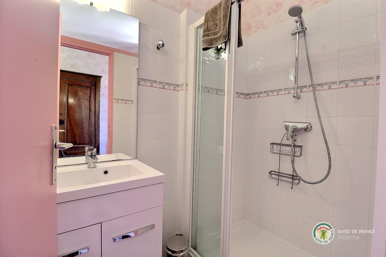 Salle d'eau privative de la chambre rose avec douche et vasque