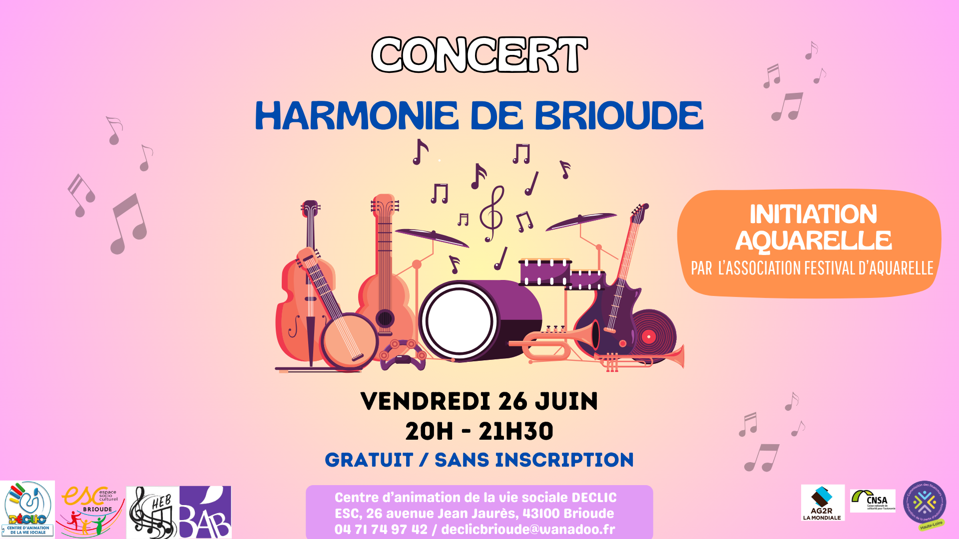 Concert en plein air de l'Harmonie de Brioude, et initiation à l'aquarelle DECLIC d'été