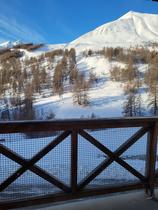 Vue des arbres et de la montagnes enneigée depuis le balcon en hiver