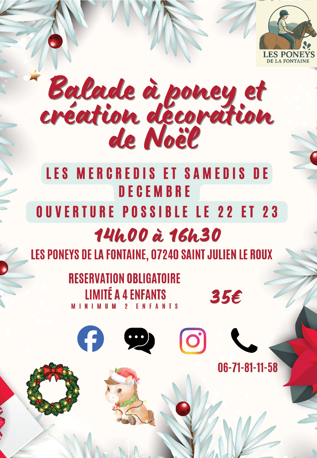 Après-midi "Balade à poney et création de décoration de Noël" pour les enfants