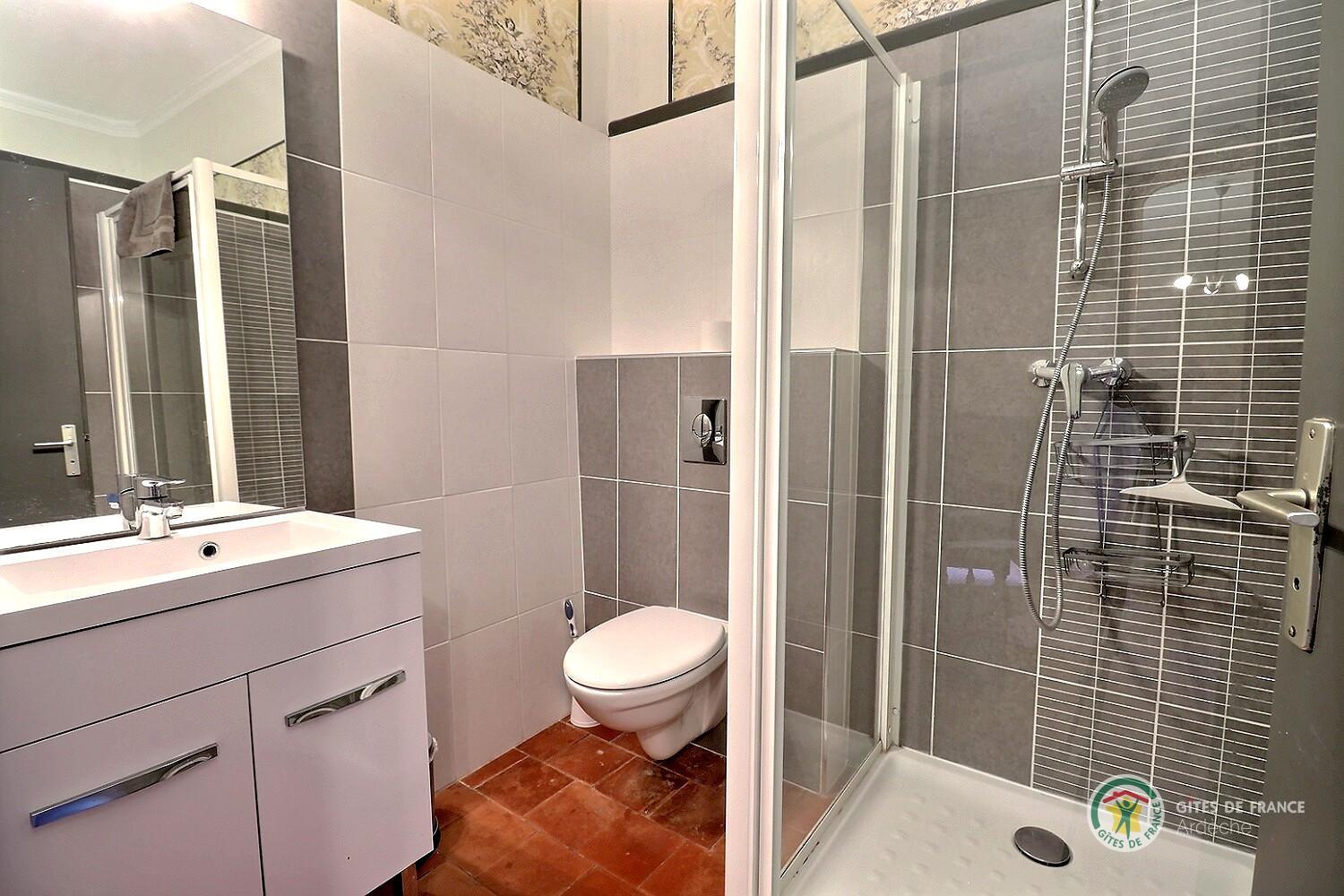 Salle d'eau privative de la chambre kaki avec douche, vasque et toilette