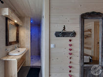 Salle de bains d'une chambre, lavabo et douche